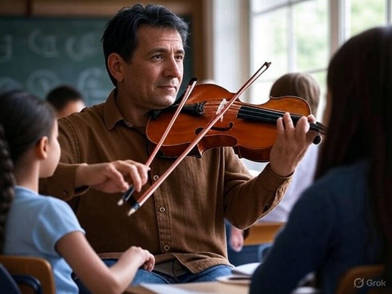 Teacher guiding students during a music lesson in a bright classroom